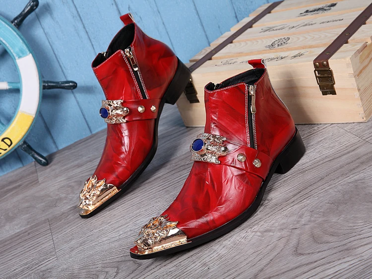 Winter Fashion Men Boots Red Metal Decoration Party Dress Nightclub Prom Leather Shoes Big Size Motorcycle Ankle | Обувь