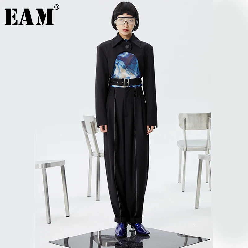 [EAM] черные плиссированные брюки с высокой талией разрезом длинные широкие новые