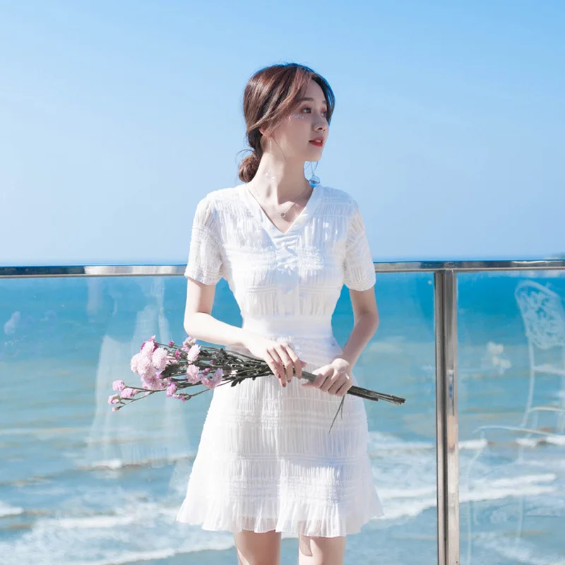 New Summer Dresses for Women's Seaside Resort High-waisted Chiffon Dresses for Women's Little White Dresses