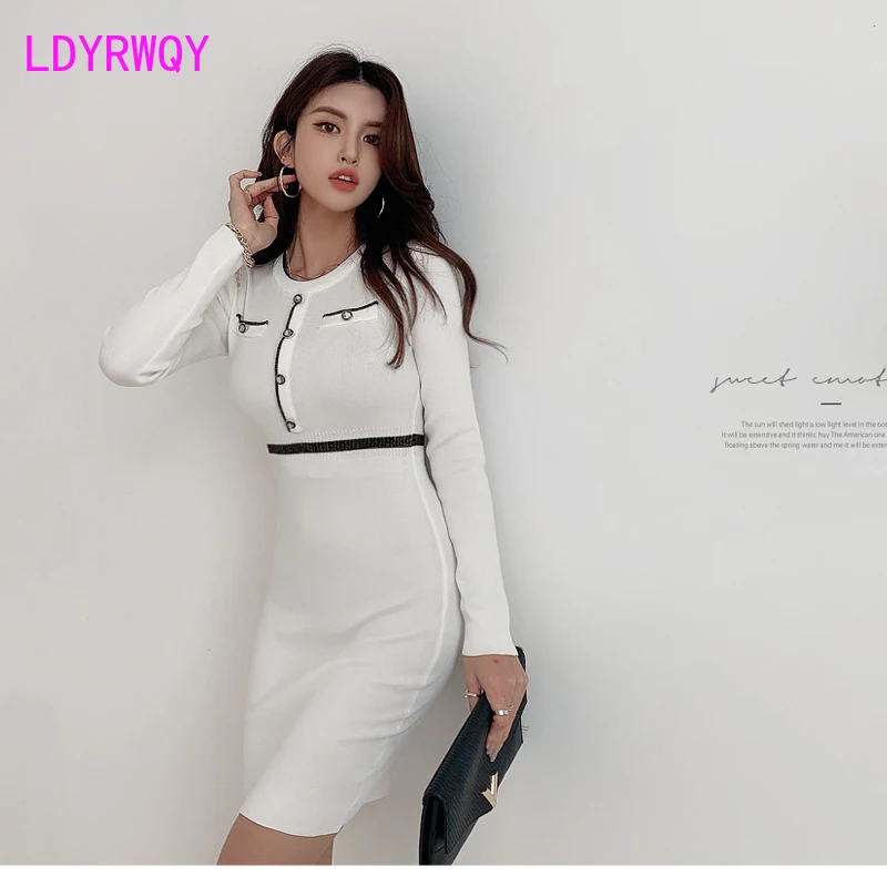 

slim slimming buttocks knitted dress knitting Cotton Office Lady Sheath 2020 autumn and winter temperament