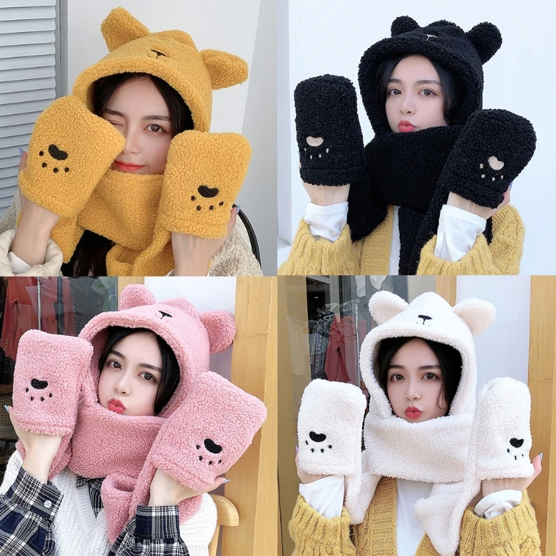 

Women Winter 3 In 1 Fuzzy Plush Warm Hooded Scarf Hat Gloves Set Cute Bear Ears Animal Faux Wool Earflap Cap Paw Mittens