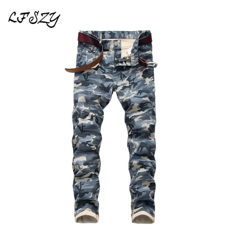 Джинсы мужские камуфляжные облегающие повседневные брюки болотного цвета с