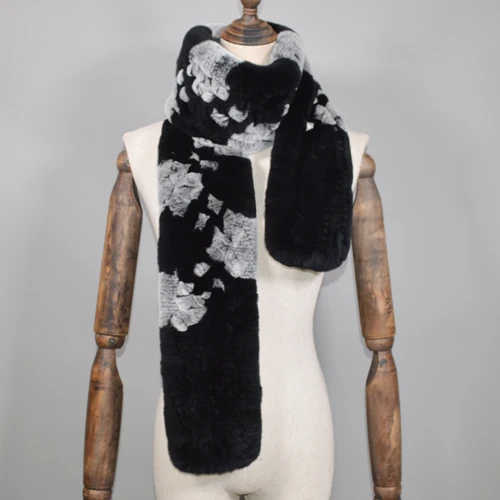 black gray Winter Long Style Women Real Rex Rabbit Fur Scarf Rex Rabbit Fur Warm Soft Ring Scarfs High Quality Knit Rabbit Fur Scarves - Цвет: black gray
