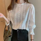 Кружевная блузка в винтажном стиле с расклешенными рукавами, белая ажурная блузка, повседневная одежда, новые модные женские кружевные топы, женские блузки