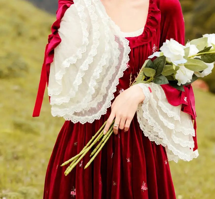 

autumn Women Vintage Long Maxi Christmas Party Embroidered Flower Lace Velvet Patchwork Swing Dress