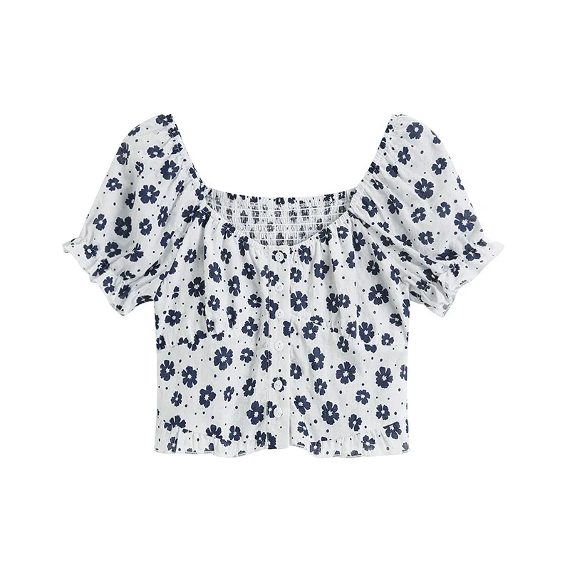 

Summer Print Shirt Female Floral T-shirt U-neck Short-sleeved Sweet Ultra-short All-match Blouse
