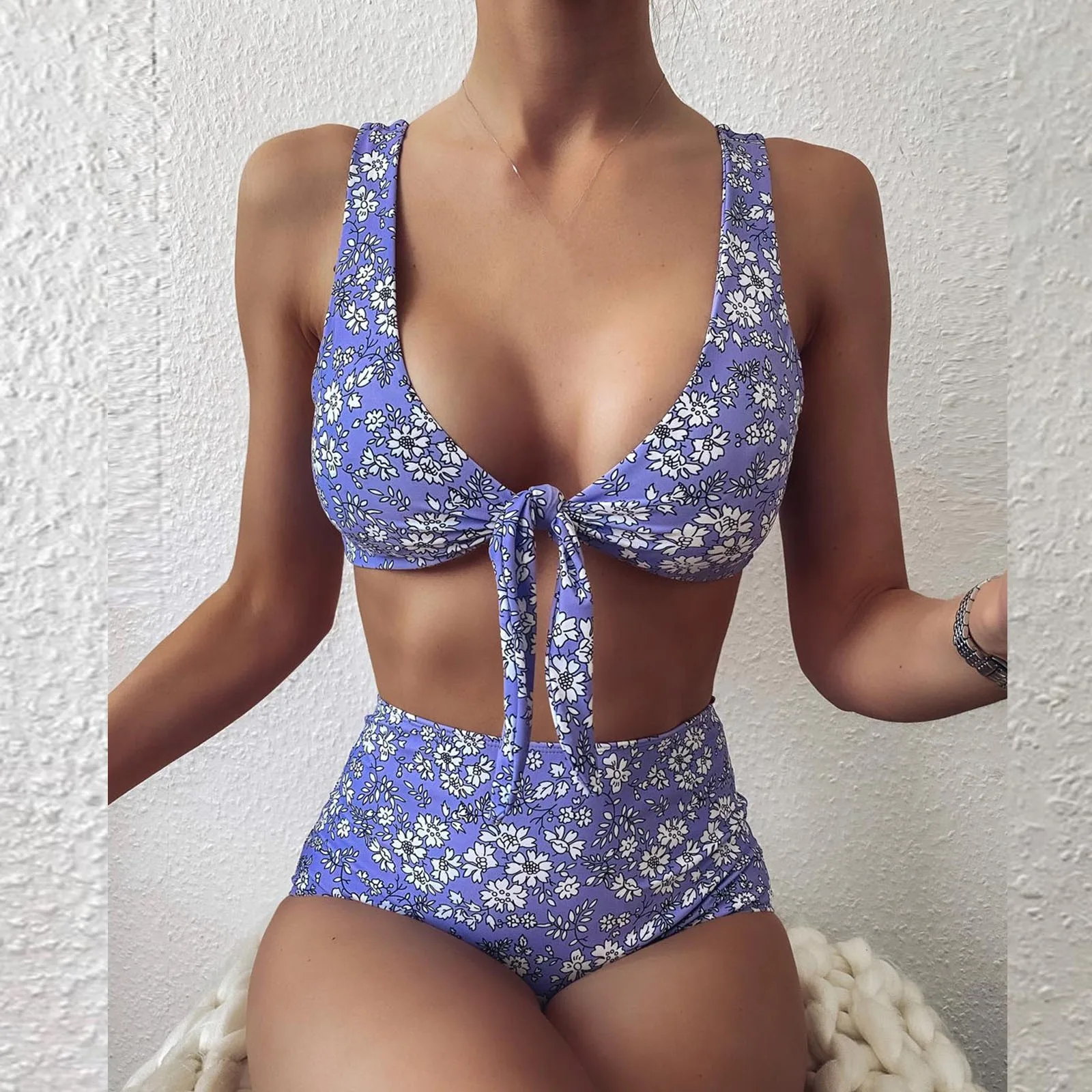 

TELOTUNY Women's swimsuits 2021 Summer Women Sexy Flowers Print Lace Up High Cut Leg Bikini Set Two Piece Swimwear Beach wear