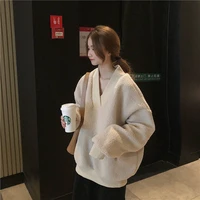 plus velvet thick thick warm sweater autumn and winter new lamb wool loose fashion trend wild long sleeved v neck sweater