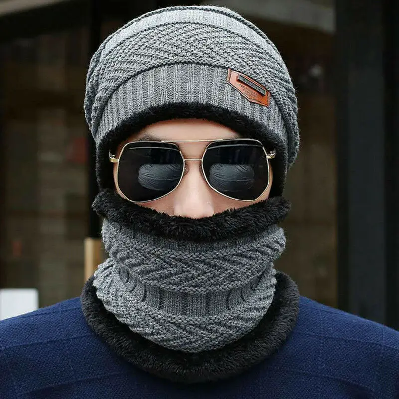

Men Women Winter Warm Beanie Hat+Snood Scarf Set Knit Thick Fleece Lined Caps
