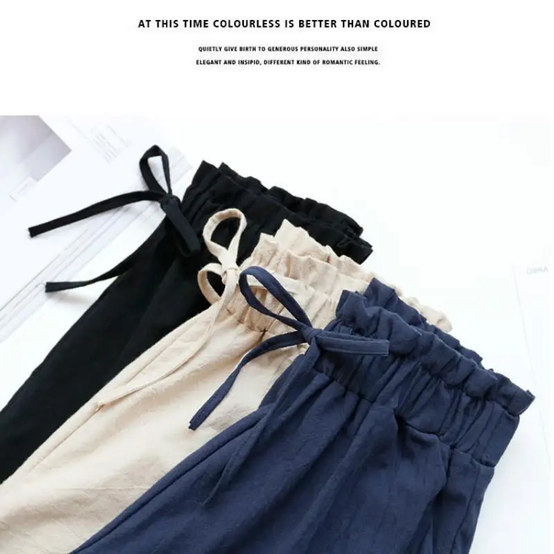 Шорты женские из хлопка и льна с завышенной талией свободные брюки широкими