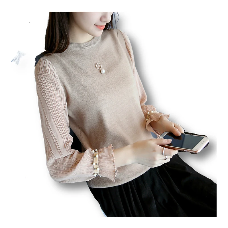 

Chiffon Knitted Women Sweater And Pullovers Ruffles Solid Office Lady Elegant Pulls Outwear Tops