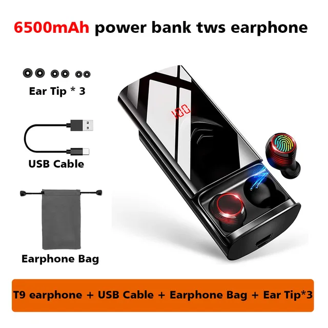 Черный KAYINUO HIFI TWS bluetooth наушники беспроводной светодиодный дисплей 6500 мАч Внешний аккумулятор bluetooth головное зарядное устройство для телефона - Цвет: Черный
