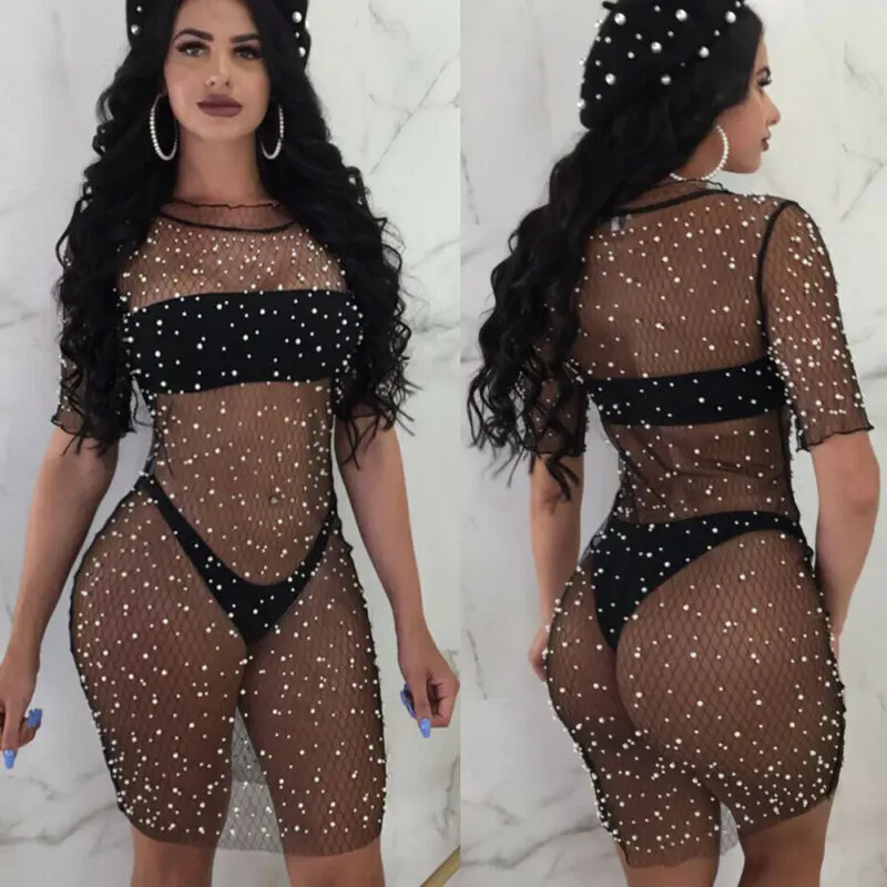 Женское Прозрачное мини-платье Пляжная сетчатая прозрачная накидка на бикини с