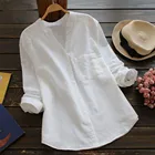 Белая футболка в стиле Харадзюку, женские хлопковые льняные футболки, женская одежда, Однотонная рубашка с длинным рукавом, топы на пуговицах, женская одежда
