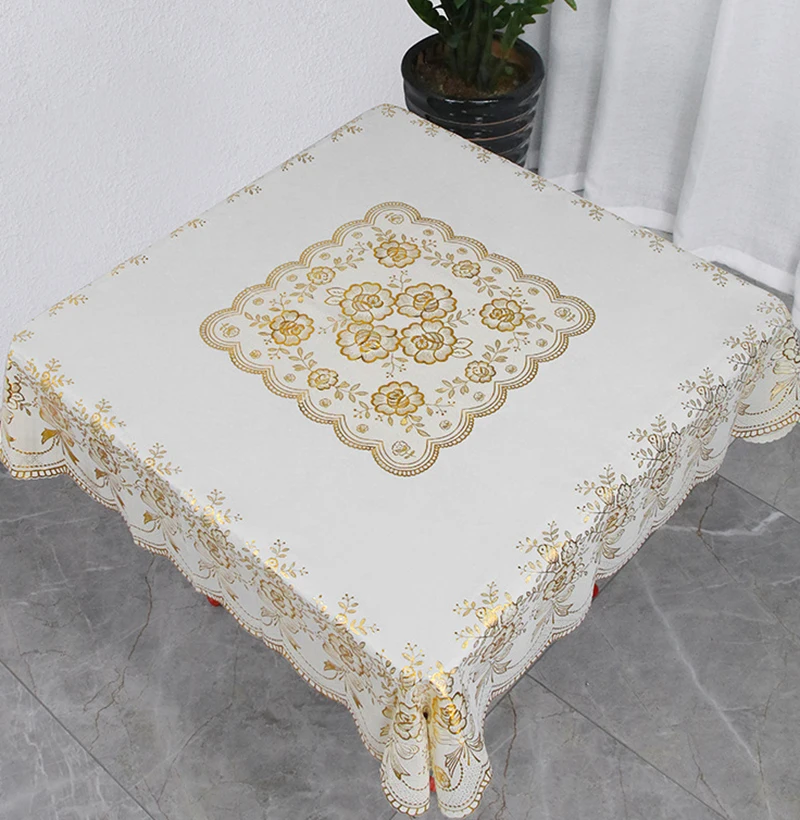 

Anti-Stain PVC Tablecloth Waterproof Oilcloth Gold Lace Rose For Square Table Cover Decorations Kitchen Home Wedding Soft White