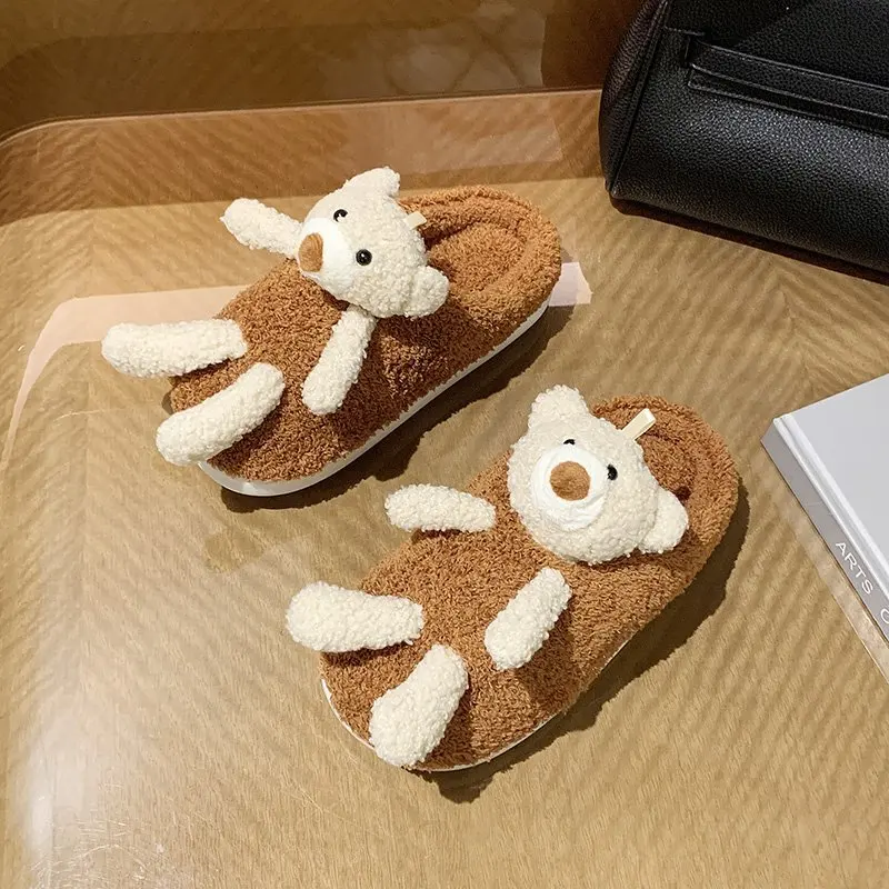 Новинка Зима 2020 Симпатичные дизайнерские женские меховые тапочки 3D с медведем