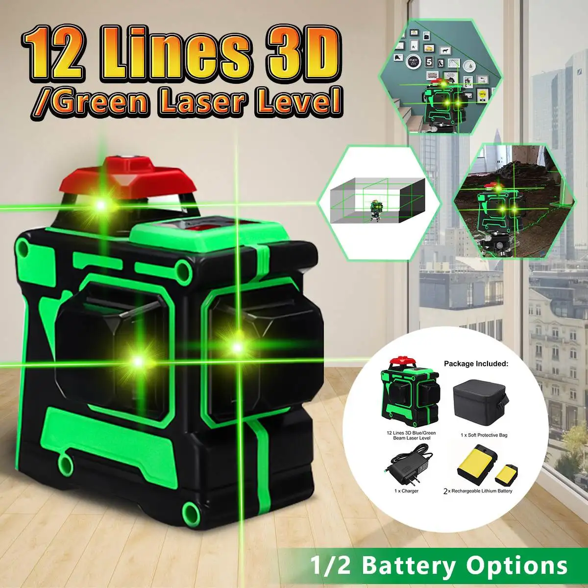 Синий/зеленый лазерный уровень штатив 12 линий 3D 360 Вращающийся