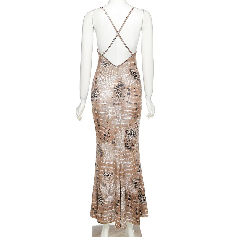 

Sexy Snake Print Dress Women Pile Collar Sleeveless Halter Long Dress Party Clubwear Back Cross Straps Streetwear Leopard Summer