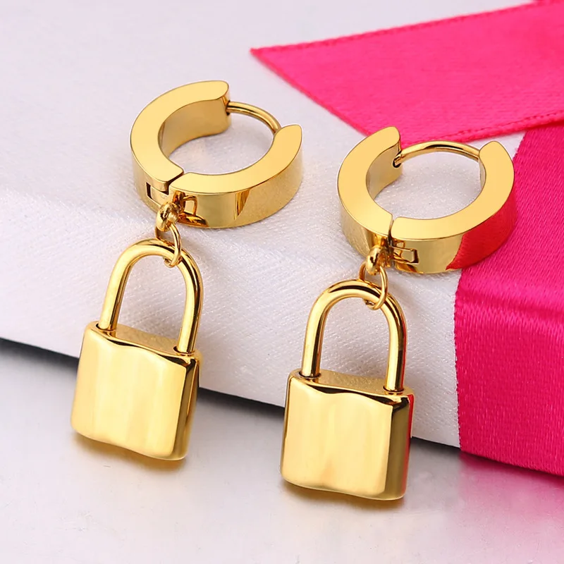 

20 Pairs Wholesale Lock Steel Earrrings for Men Women Ear Jewelry Golden Silver Black Color
