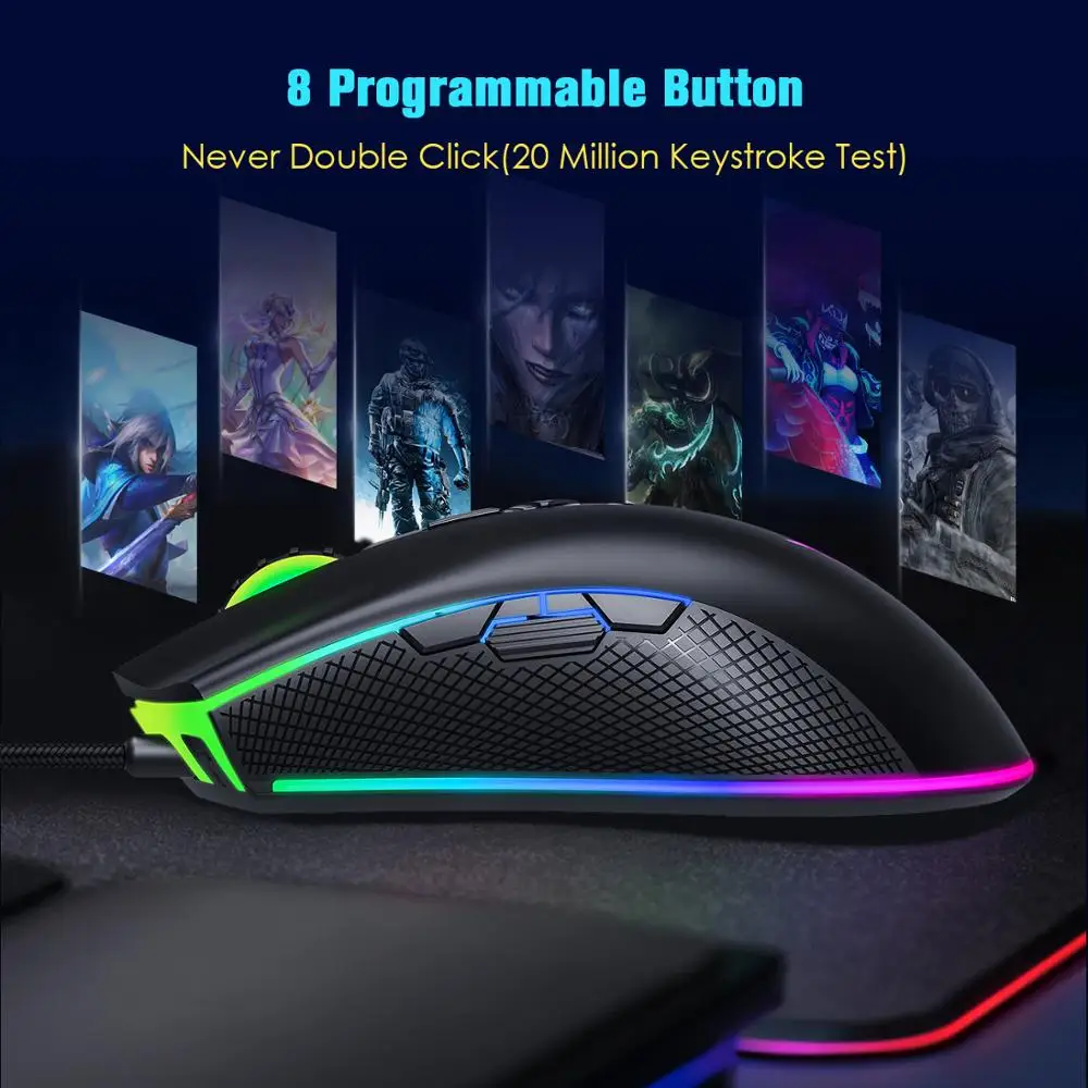 Проводная игровая мышь PICTEK PC217 RGB 8 программируемых кнопок 10000 dpi Регулируемая