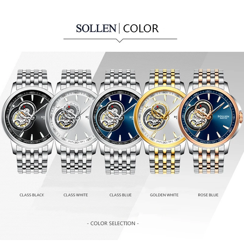 SOLLEN Королевского синего цвета автоматические мужские механические наручные
