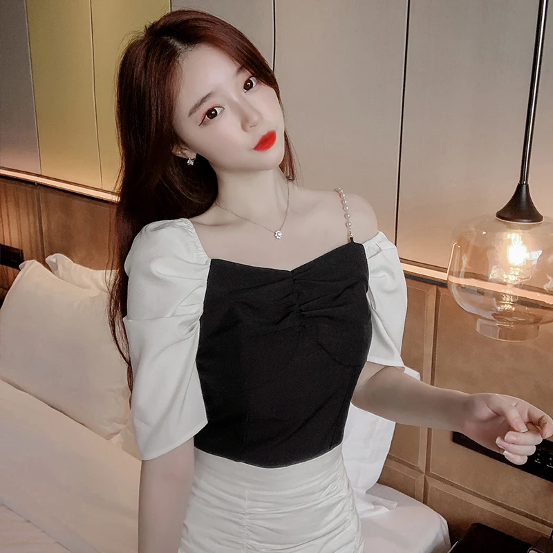 

Women's French-Style off-the-Shoulder Short-Sleeved T-shirt, 2020 Summer New Design Sense Contrast Color Shirt, Puff Sleeve