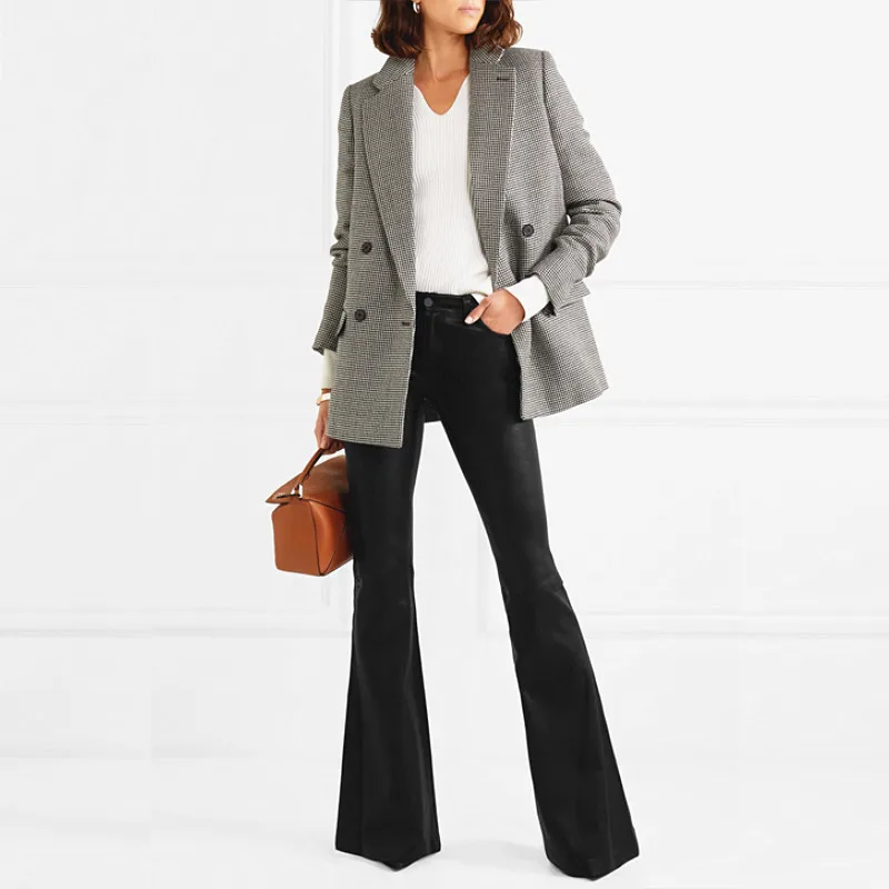 Fashion brand longer length water wash PU leather flare pants female street punk raise hip ws thin leather pants wq209 dropship