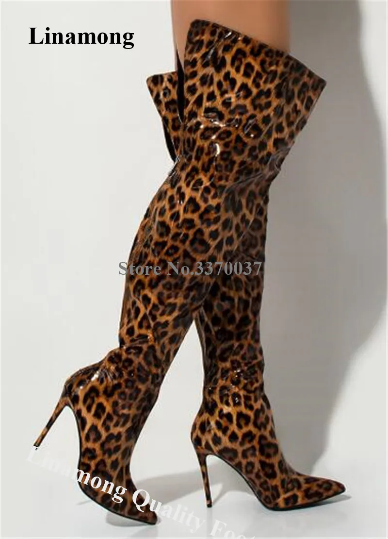 

Linamong Women Sexy Pointed Toe Leopard Patent Leather Stiletto Heel Over Knee Boots Back Zipper-up Long High Heel Boots Shoes