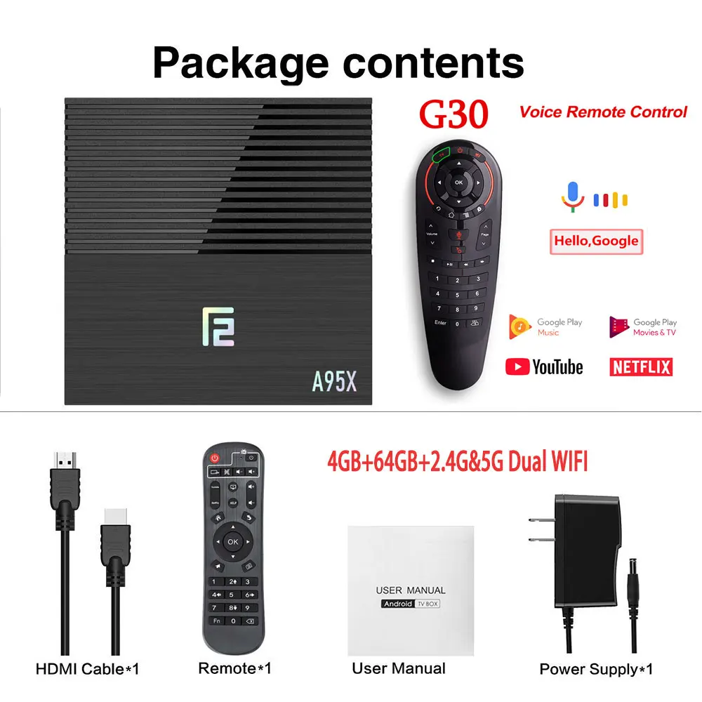 4GB 64GB 5G G30 A95X F2 4K Смарт ТВ приставка Android 9,0 приставка ТВ 4 Гб 64 Гб Amlogic S905X2 2,4G/5G Wifi BT4.2 Голосовое управление пульт дистанционного управления Google ТВ приставка - Цвет: 4GB 64GB 5G G30