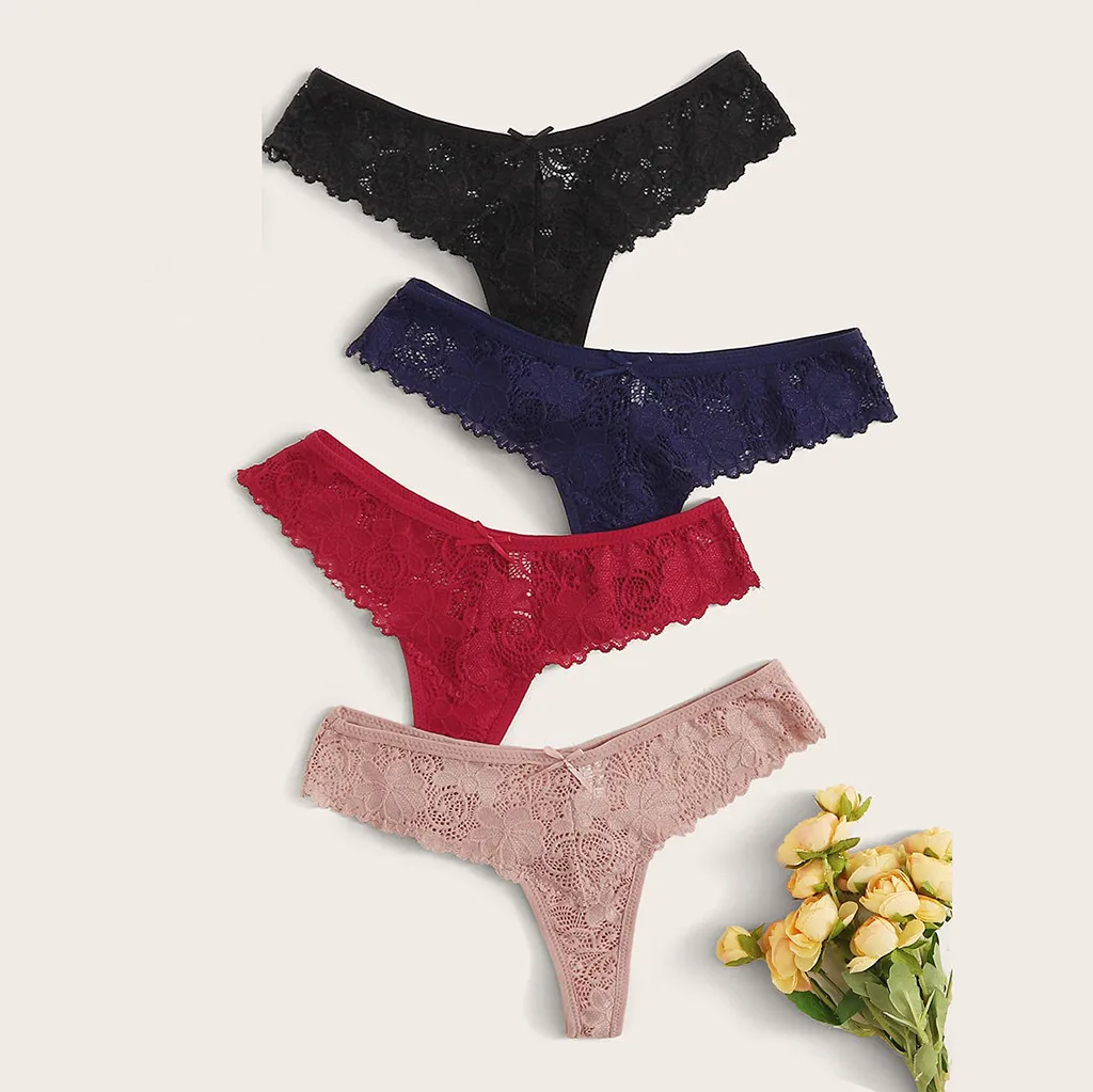 4pcs/lot Hollow Out Lace Panties Set For Women Fashion Ladies Low Waist G-string Thongs Female Underwear Sets Charm Intimates#P3 | Женская