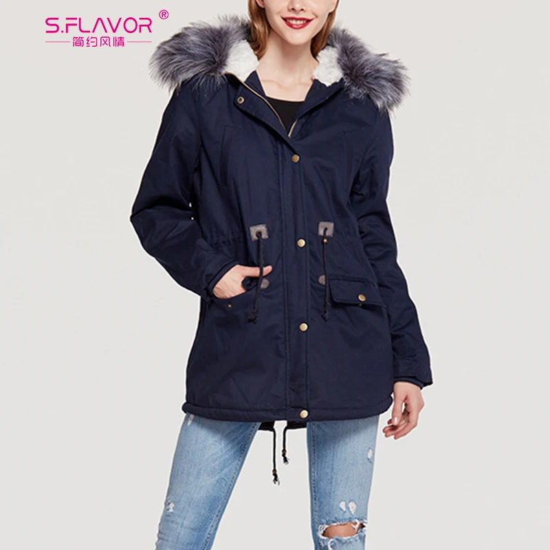 S. FLAVOR женское осеннее зимнее повседневное теплое пальто с меховым капюшоном