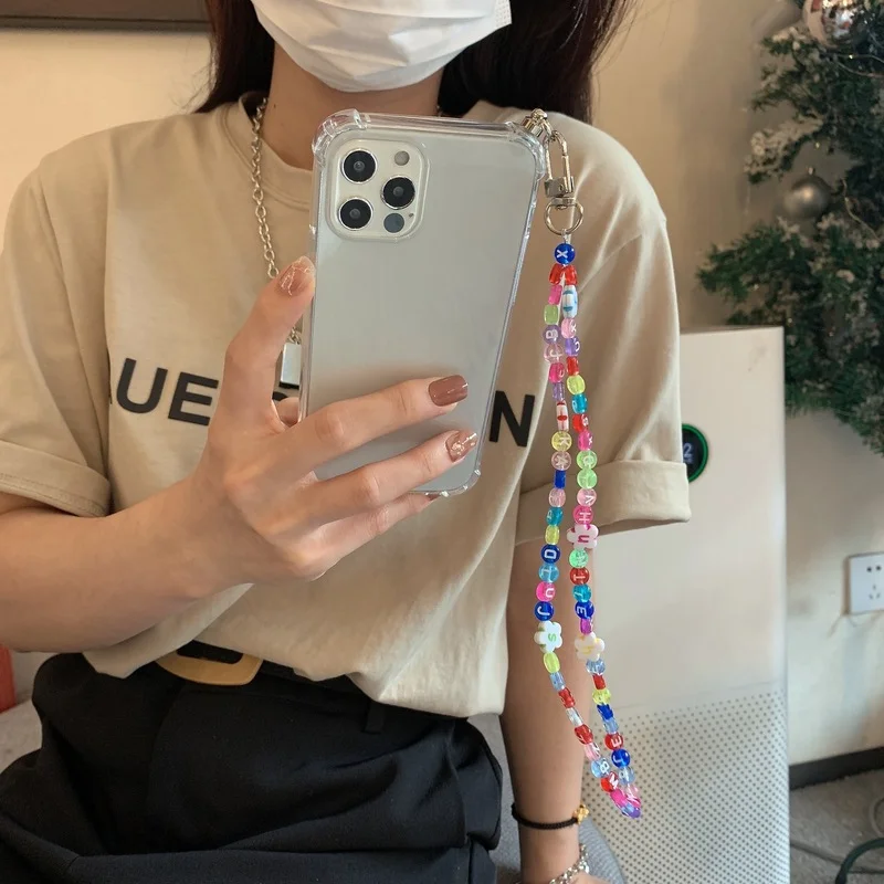 

Colorful Bead Chain Lanyard Transparent Bumper Phone Case For iPhone 12 11 Pro Max X XR XS Max 7 8 Plus Silicone Back Cover