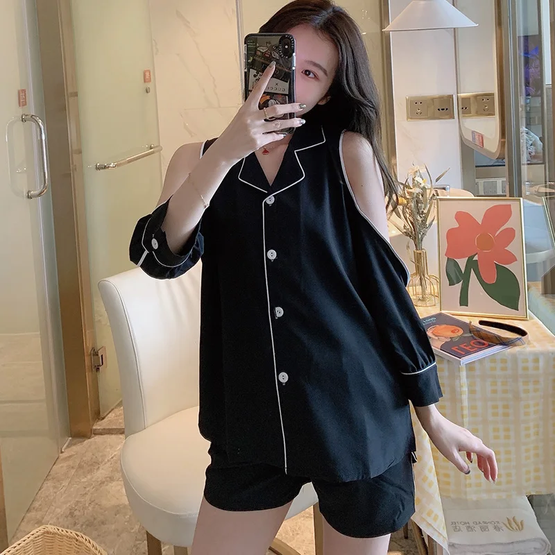 

Cardigan Exposed Shoulder Pajamas Women's Summer Ice Thin Black 3/4 Sleeve Suit Sexy Imitated Silk Fabric Spring and Autumn