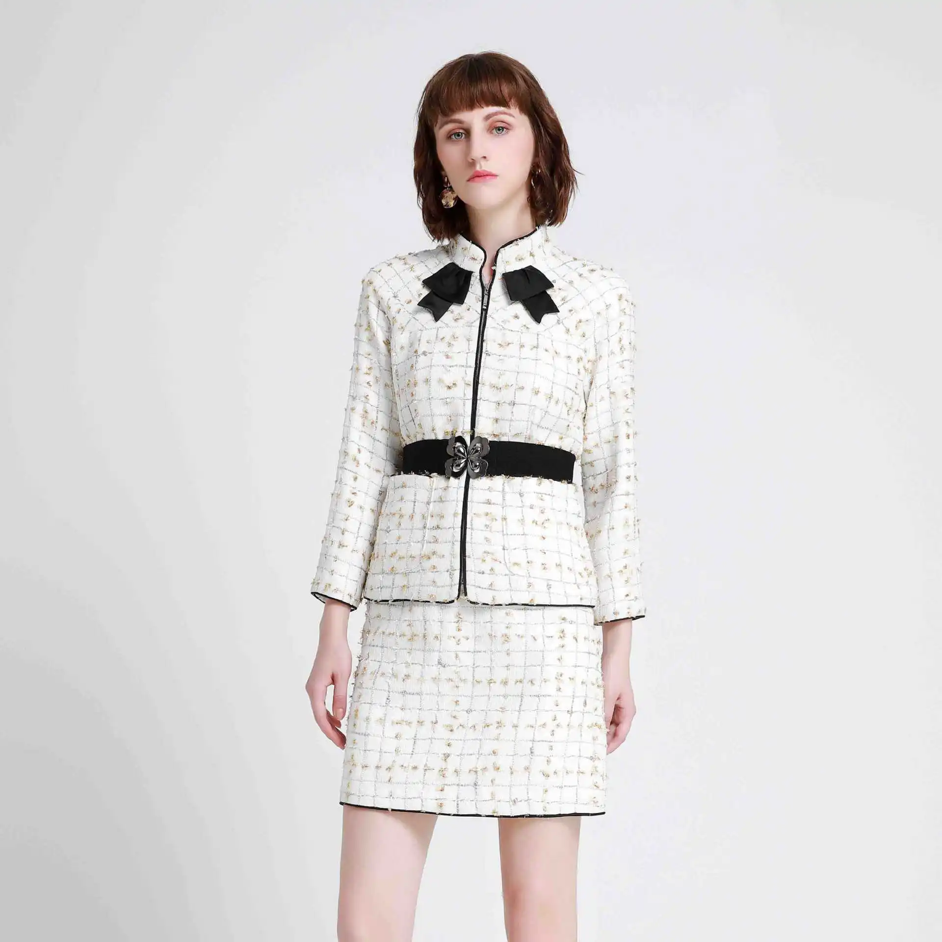 KoHuiJoo женский костюм из двух предметов Женская клетчатая твидовая куртка на