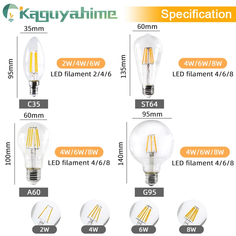 Светодиодная лампа Эдисона Kaguyahime E27 220 в E14 светодиодсветодиодный ретро G95