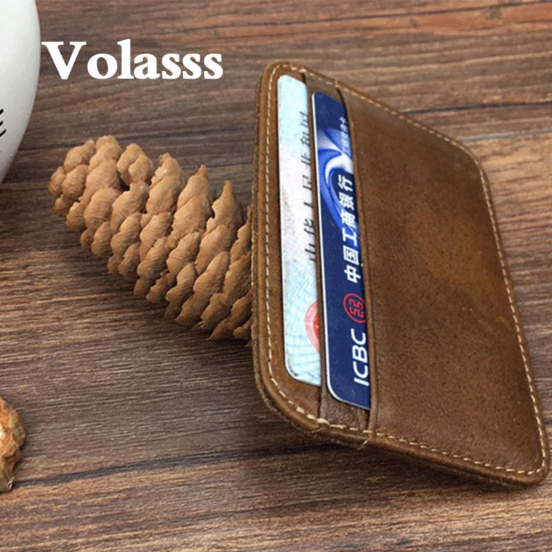 

VOLASSS Man's Vintage Card Bag Simple Fashion Leather Men's Rectangular ID Bag New Male Small Portable Card Clip Cowhide Wallet
