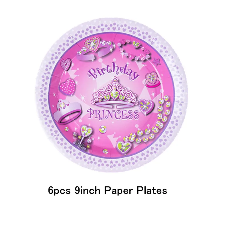 9 inch Plate-6pcs Вечерние одноразовые столовые приборы принцессы с сверкающей короной, бумажные стаканчики, салфетки, баннеры, скатерти, семейные вечерние принадлежности - Цвет: 9 inch Plate-6pcs