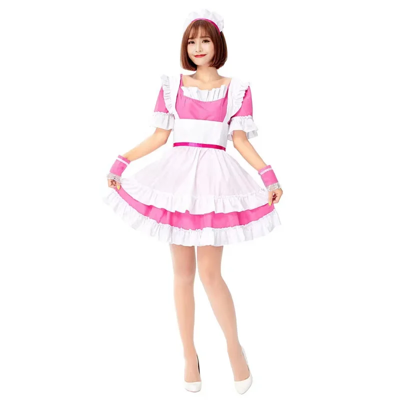 

Pink Cute Women Japanese Maid Cosplay Female Halloween Housekeeper Waitress Costumes Purim Nightclub Bar Role Play Party Dress