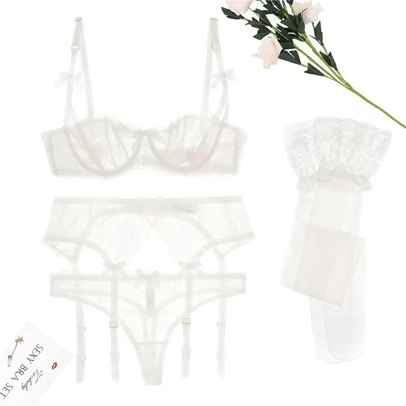 Varsbaby new arrival sexy lace transparent unlined 1/2 cup underwear set bra+thongs+garters+stockings 4 pcs
