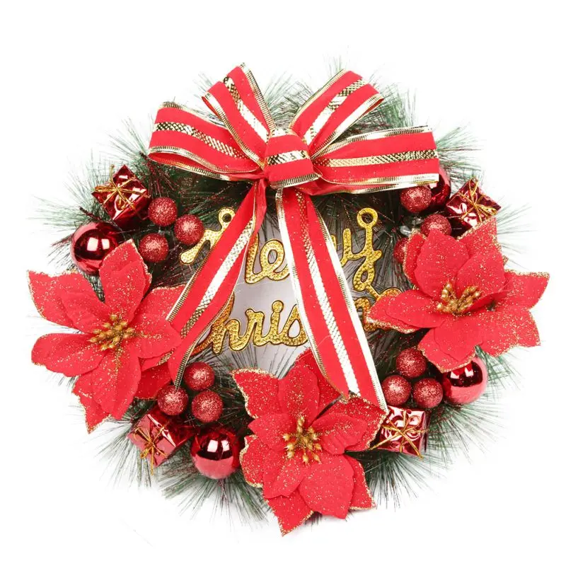 

40cm Christmas Wreath With Merry Christmas Sign Decorative Balls Poinsettia And Bowknot Holiday Front Door Wall Window Hanging G