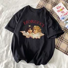 Забавная женская футболка, летние топы с принтом в стиле Харадзюку, Корейская одежда, кавайный ангел, оверсайз Fiorucci, черная футболка, женская футболка