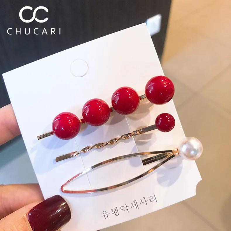 3 шт./набор металлические заколки для волос с красным жемчугом|Украшения волос| |