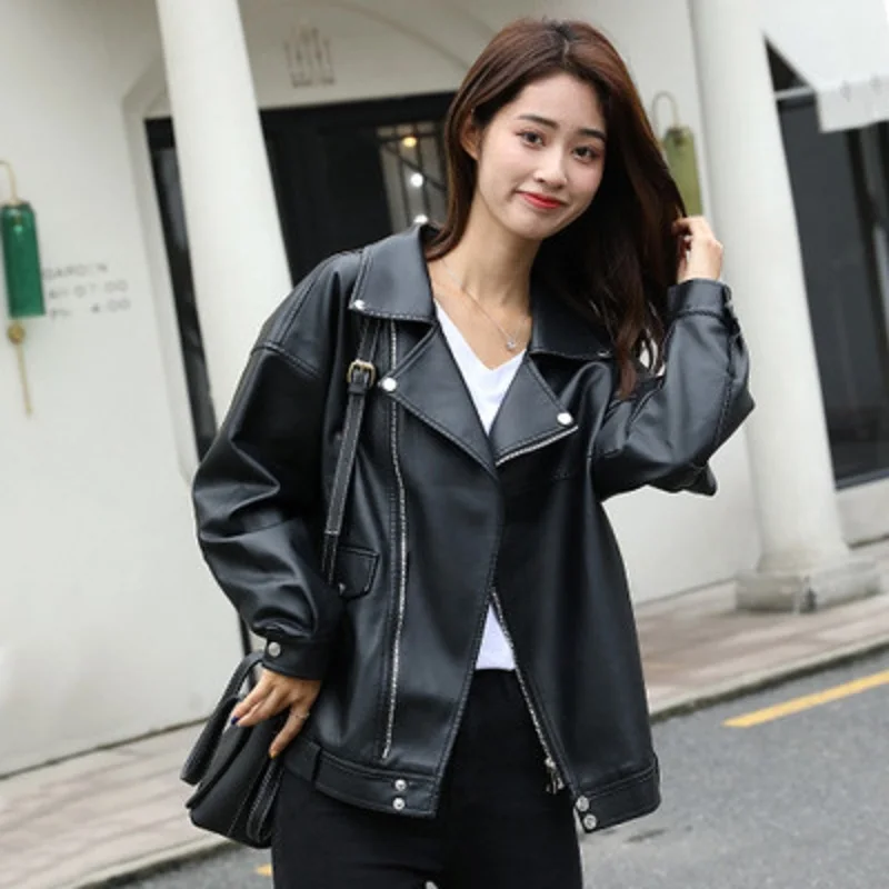 

2021 Fashion Women Loose Motorcycle Faux Leather Jackets Ladies Long Sleeve Autumn Winter Biker Streetwear Coats