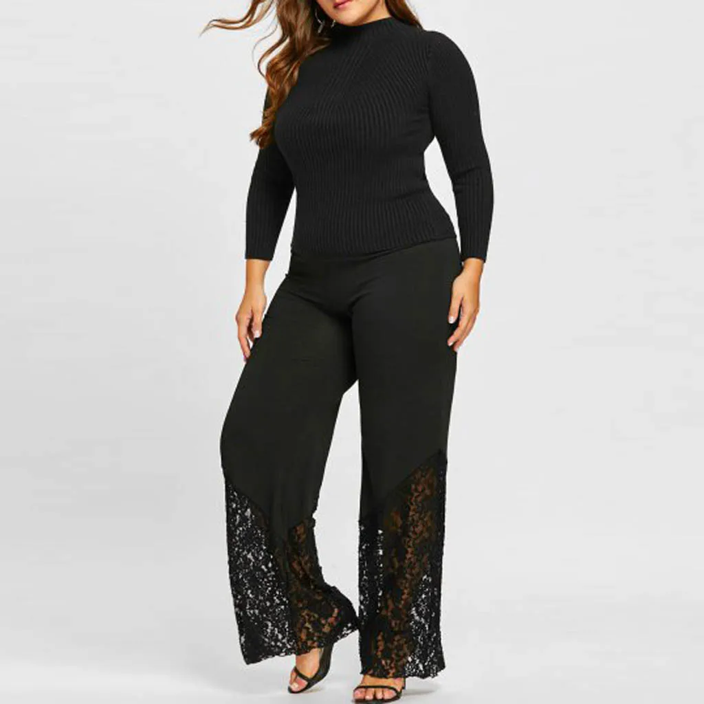 

L-5XL Plus Size Pants For Women Casual Elastic Waist Wide Leg Pants With Lace Solid Color Black Pants For Women pantalones mujer