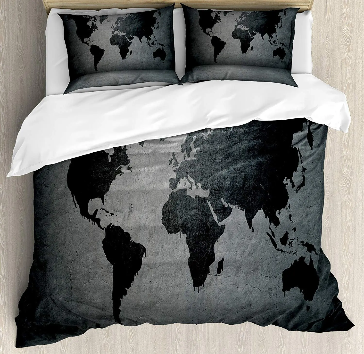 

Dark Grey Bedding Set Black Colored World Map on Concrete Wall Urban Structure Grungy Rough Look Duvet Cover Pillowcase Bed Set