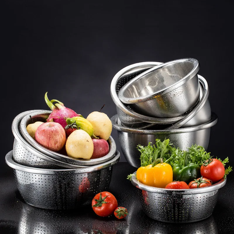

Stainless Steel Rice Sieve Washing Vegetables Basin Drain Basket Salad Egg Mixing Bowls Set Soup Basin Strainer Kitchen Utensils