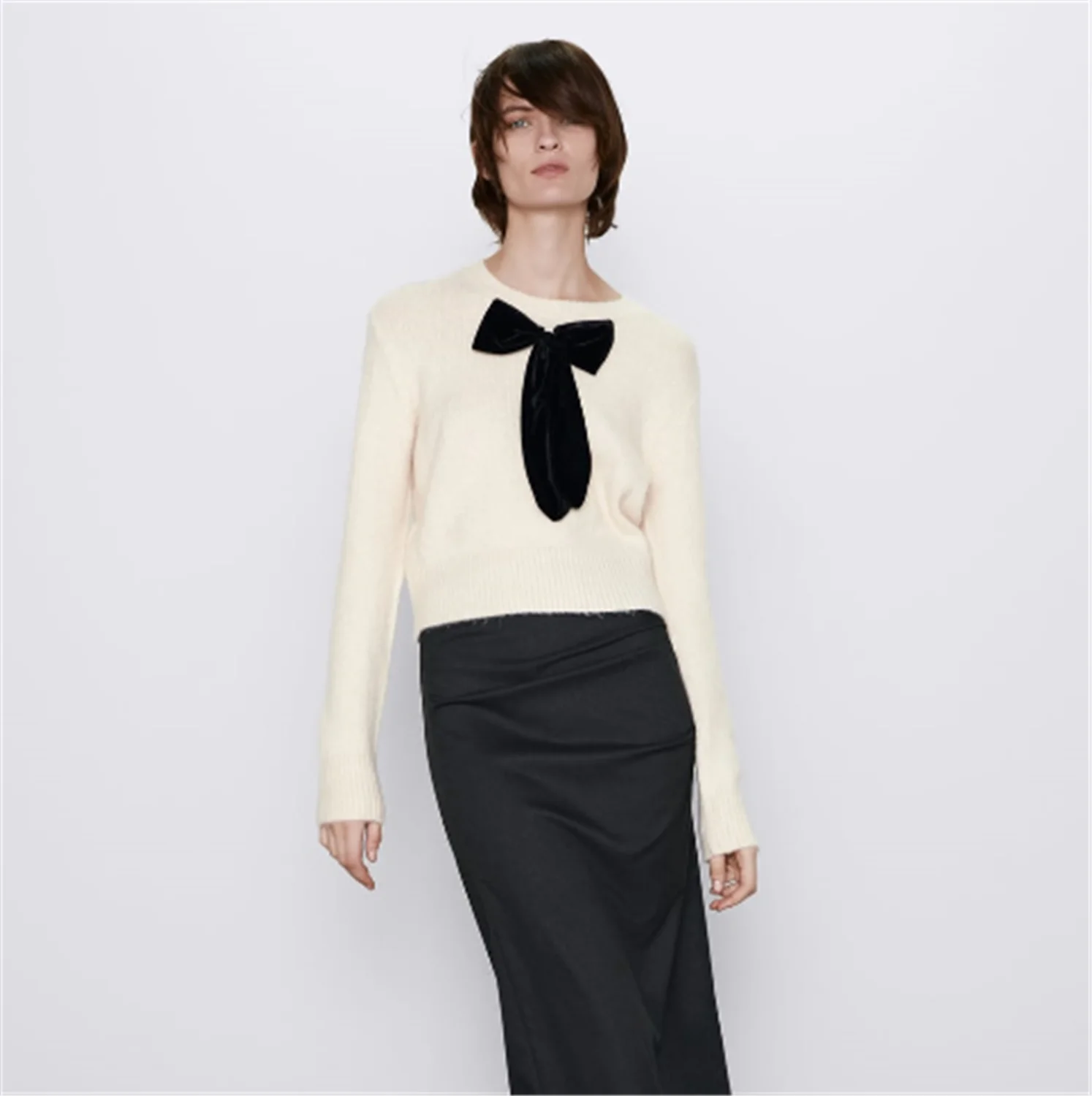 2019 ZA Women's Knit Sweater Fashion New Winter Bow Bohemian Long Sleeve Round Neck Party Gift | Женская одежда