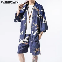 chinese style men sets printed 34 sleeve open stitch shirts kimono streetwear casual shorts 2021 vintage men suit incerun s 5xl