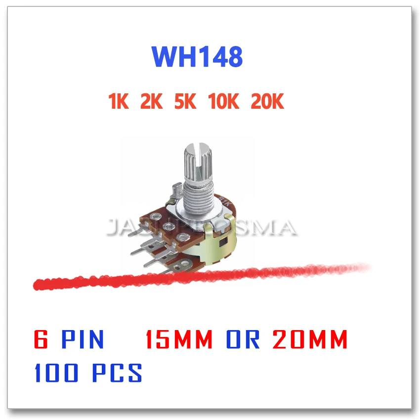 

JASNPROSMA WH148 100PCS 6PIN 15MM 20MM B1K B2K B5K B10K B20K 1K 2K 5K 10K 20K potentiometer 148 Knob Double