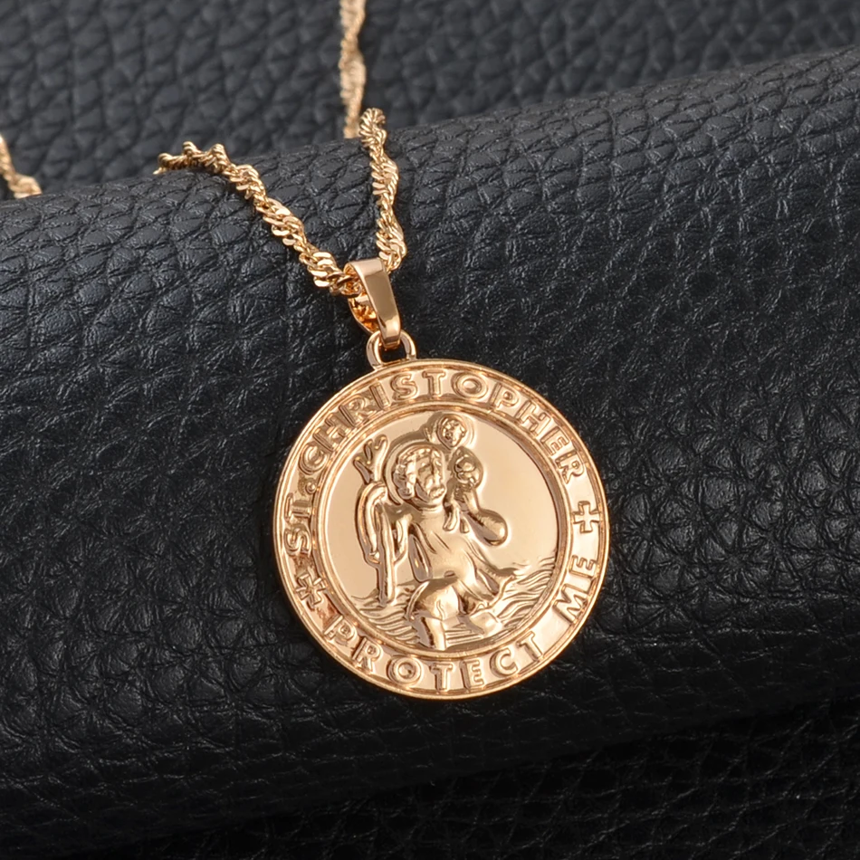 Anniyo St. Christopher Protect Me Necklaces for Women - Light Gold/Silver Color Saint Christophe Pendant - Religious Jewelry #040904 image 5